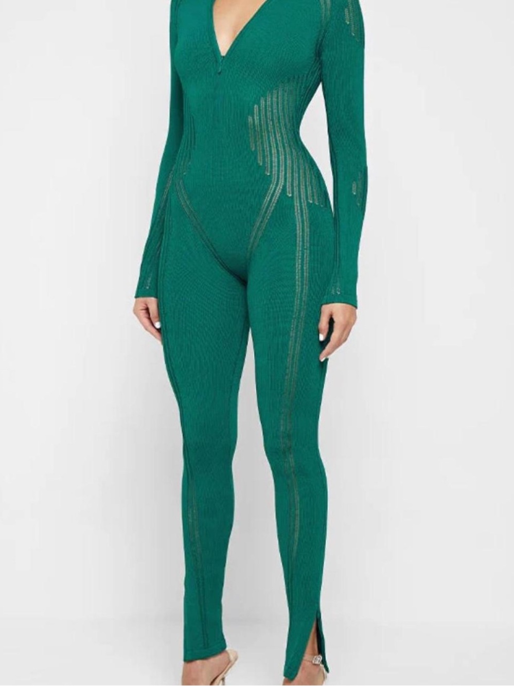 Manière De Voir Green Long-Sleeve Knitted Contour Jumpsuit